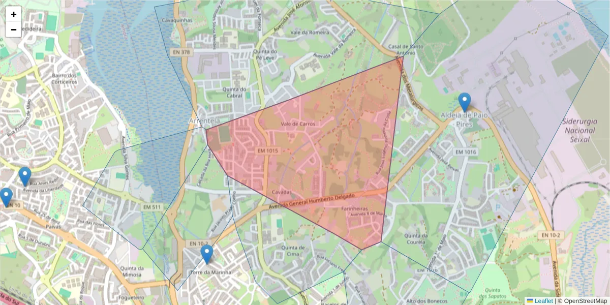Mapa detalhado do código postal 2840-212 com limites, códigos postais vizinhos e agências dos correios