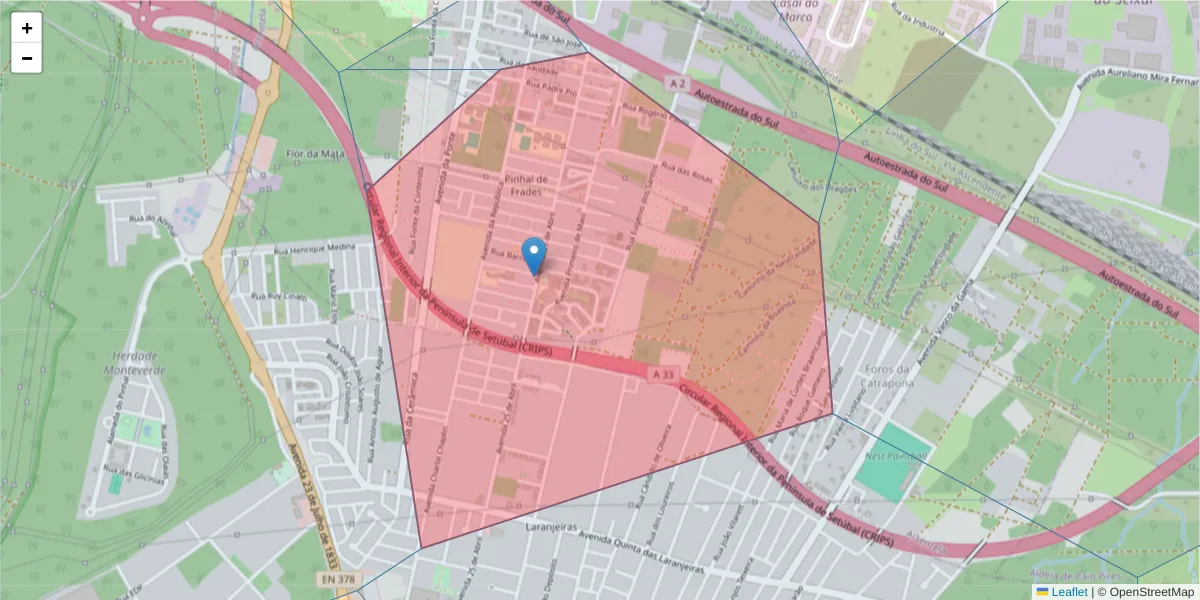 Mapa detalhado do código postal 2840-288 com limites, códigos postais vizinhos e agências dos correios