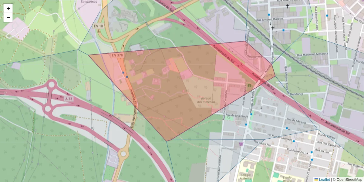 Mapa detalhado do código postal 2840-307 com limites, códigos postais vizinhos e agências dos correios