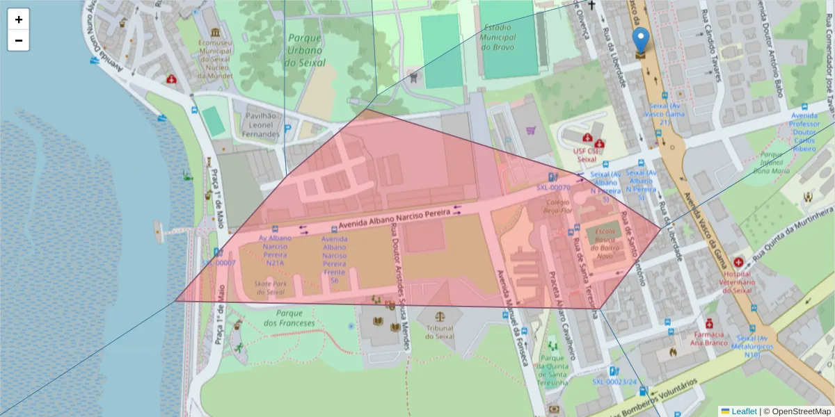 Mapa detalhado do código postal 2840-399 com limites, códigos postais vizinhos e agências dos correios