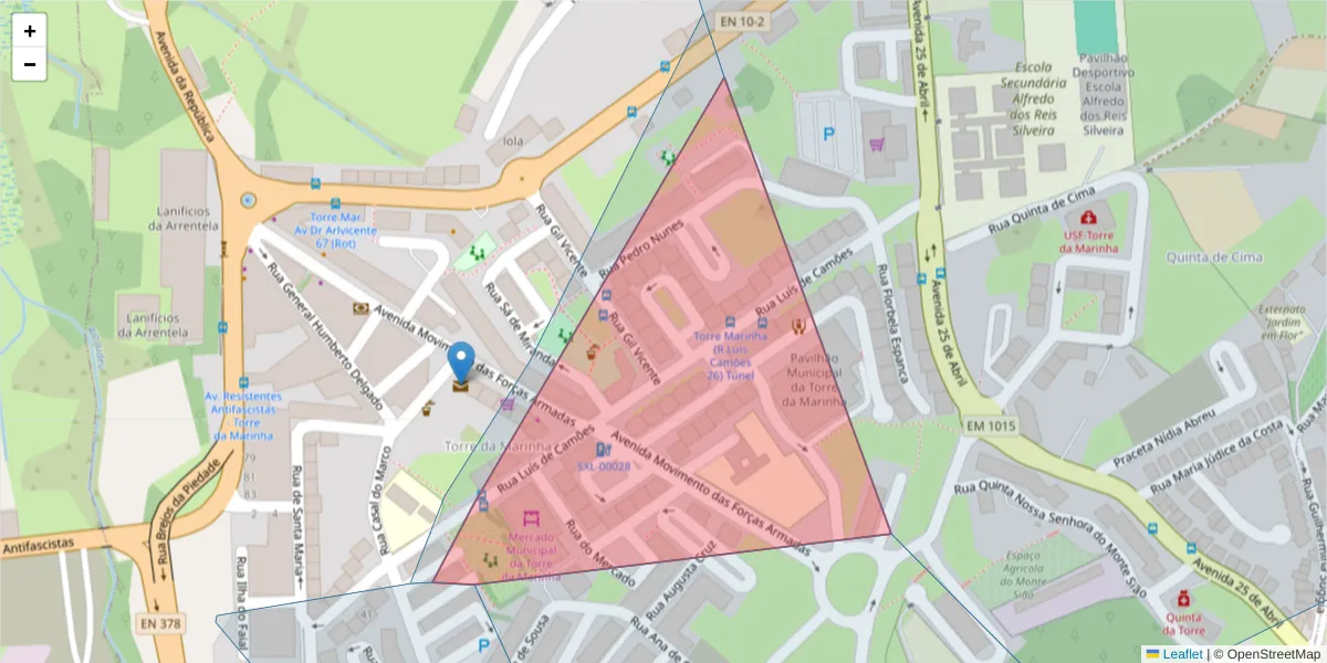 Mapa detalhado do código postal 2840-444 com limites, códigos postais vizinhos e agências dos correios