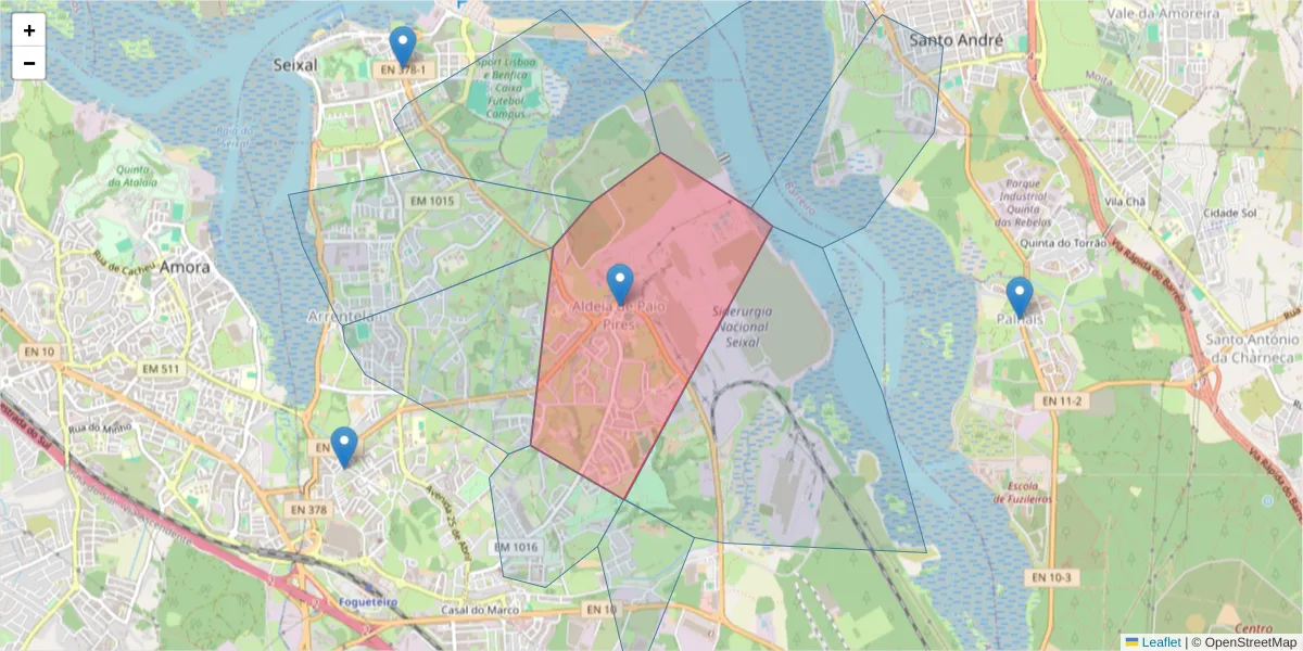 Mapa detalhado do código postal 2840 com limites, códigos postais vizinhos e agências dos correios