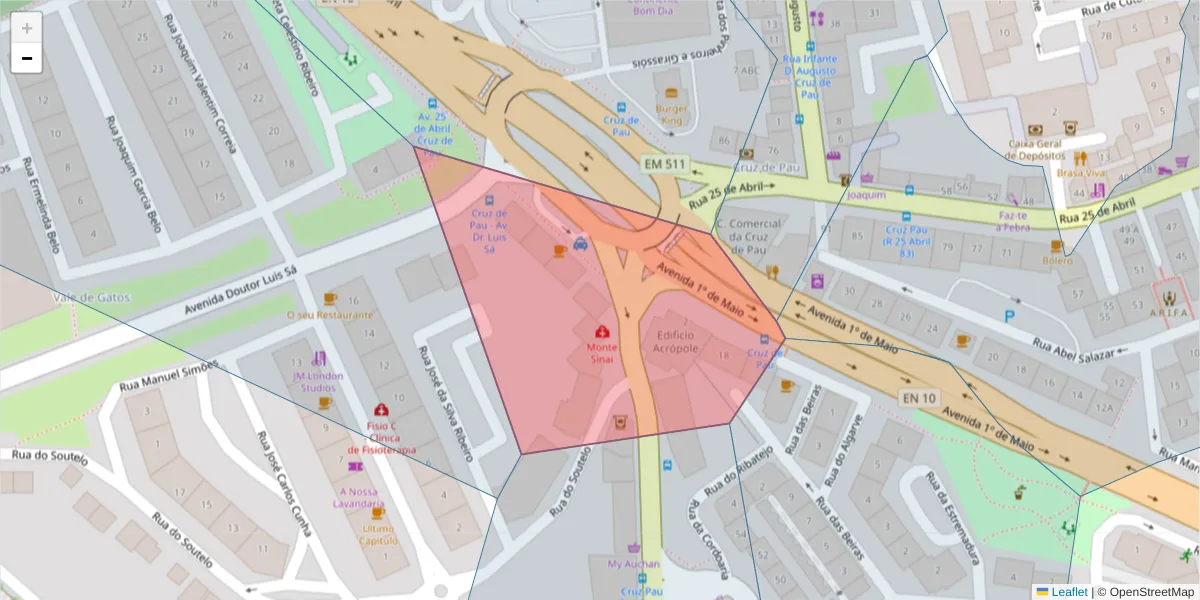 Mapa detalhado do código postal 2845-004 com limites, códigos postais vizinhos e agências dos correios
