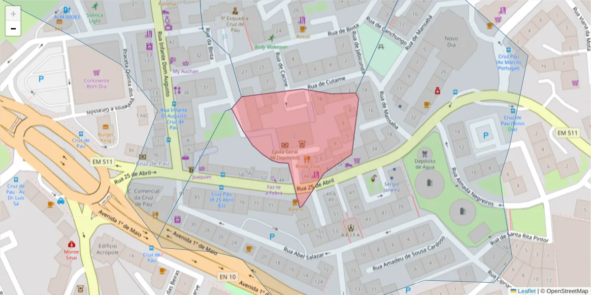 Mapa detalhado do código postal 2845-040 com limites, códigos postais vizinhos e agências dos correios