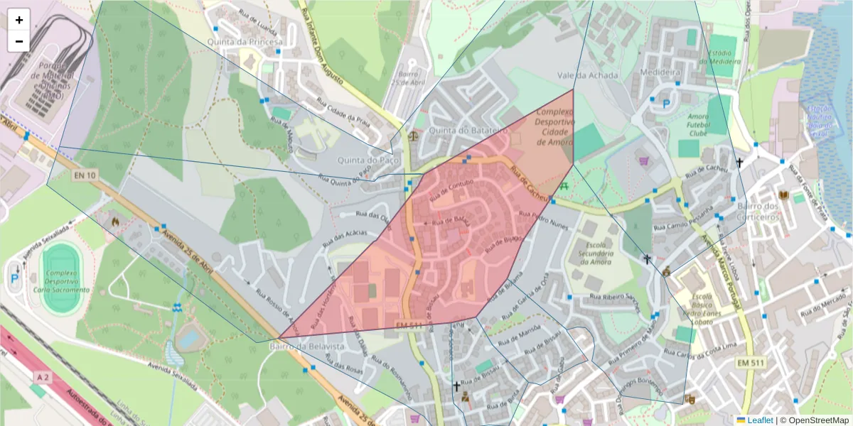 Mapa detalhado do código postal 2845-050 com limites, códigos postais vizinhos e agências dos correios