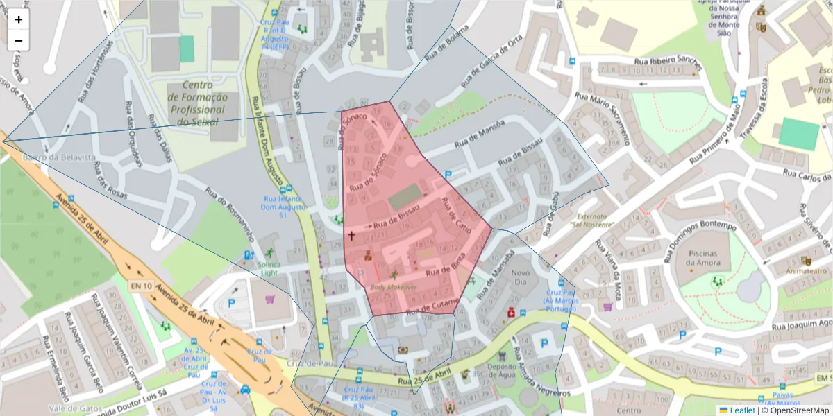 Mapa detalhado do código postal 2845-068 com limites, códigos postais vizinhos e agências dos correios