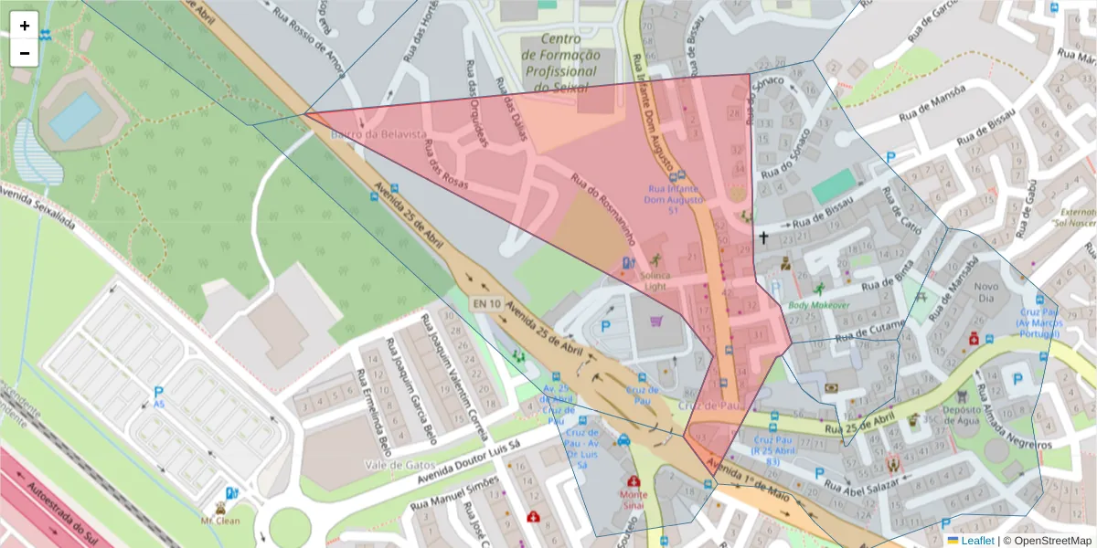 Mapa detalhado do código postal 2845-115 com limites, códigos postais vizinhos e agências dos correios