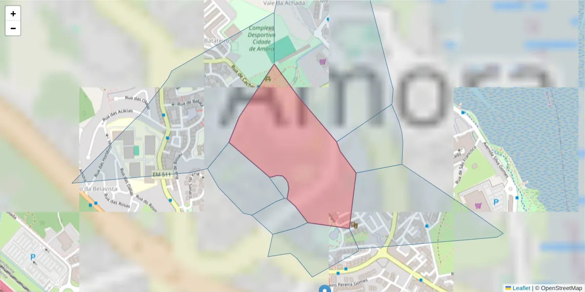 Mapa detalhado do código postal 2845-122 com limites, códigos postais vizinhos e agências dos correios