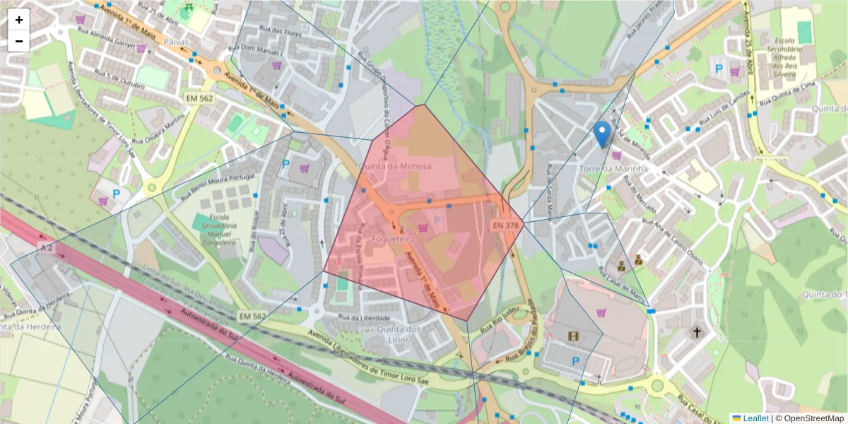 Mapa detalhado do código postal 2845-163 com limites, códigos postais vizinhos e agências dos correios