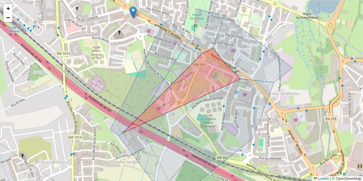 Mapa detalhado do código postal 2845-164 com limites, códigos postais vizinhos e agências dos correios