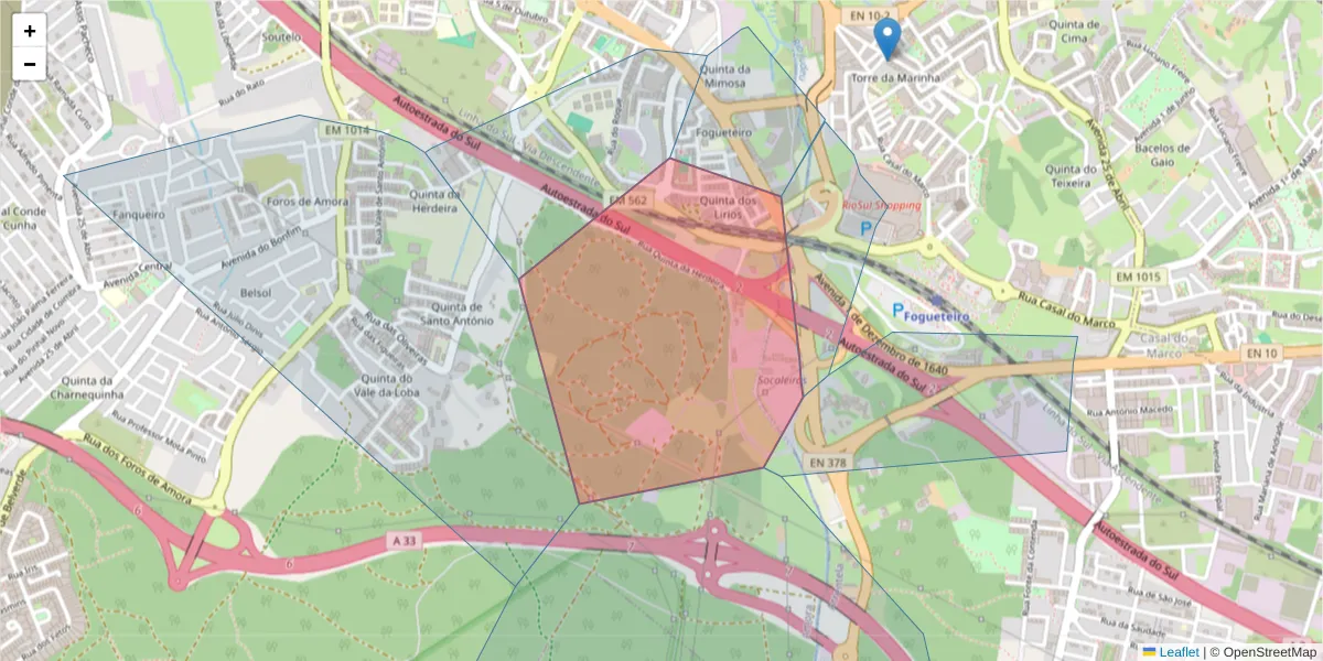 Mapa detalhado do código postal 2845-173 com limites, códigos postais vizinhos e agências dos correios