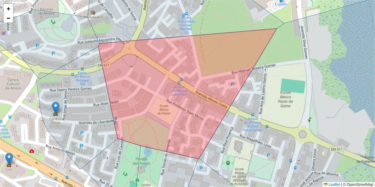 Mapa detalhado do código postal 2845-340 com limites, códigos postais vizinhos e agências dos correios