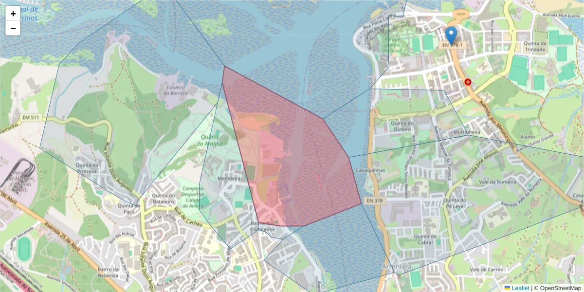 Mapa detalhado do código postal 2845-422 com limites, códigos postais vizinhos e agências dos correios