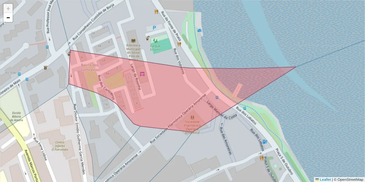 Mapa detalhado do código postal 2845-436 com limites, códigos postais vizinhos e agências dos correios