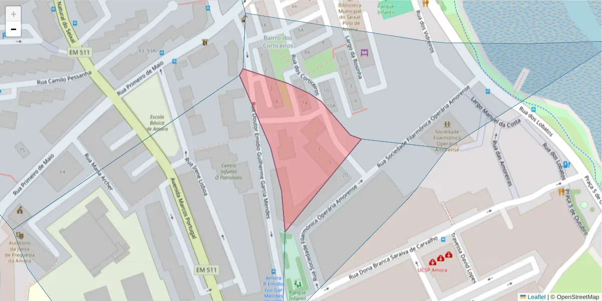 Mapa detalhado do código postal 2845-453 com limites, códigos postais vizinhos e agências dos correios