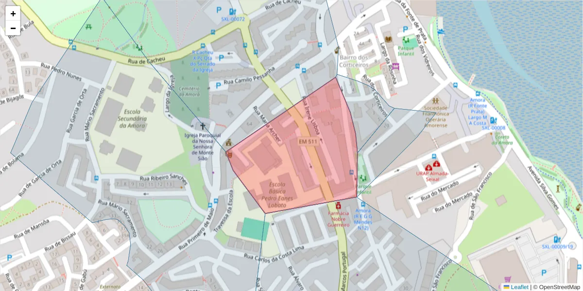 Mapa detalhado do código postal 2845-457 com limites, códigos postais vizinhos e agências dos correios