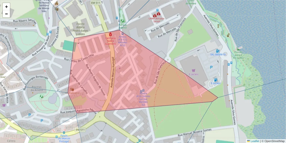 Mapa detalhado do código postal 2845-477 com limites, códigos postais vizinhos e agências dos correios
