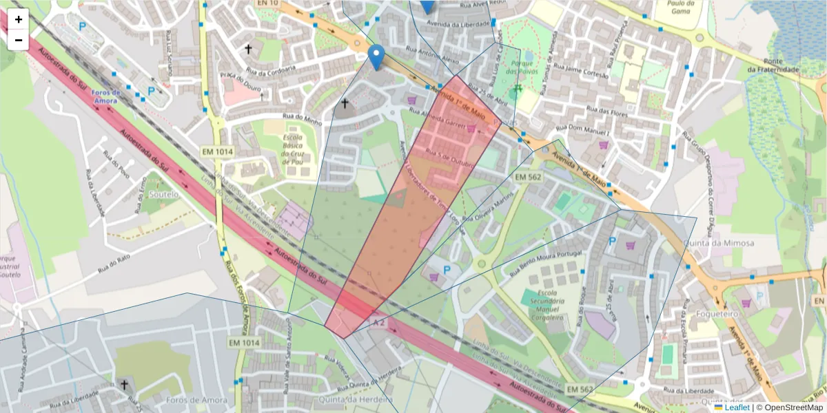 Mapa detalhado do código postal 2845-602 com limites, códigos postais vizinhos e agências dos correios