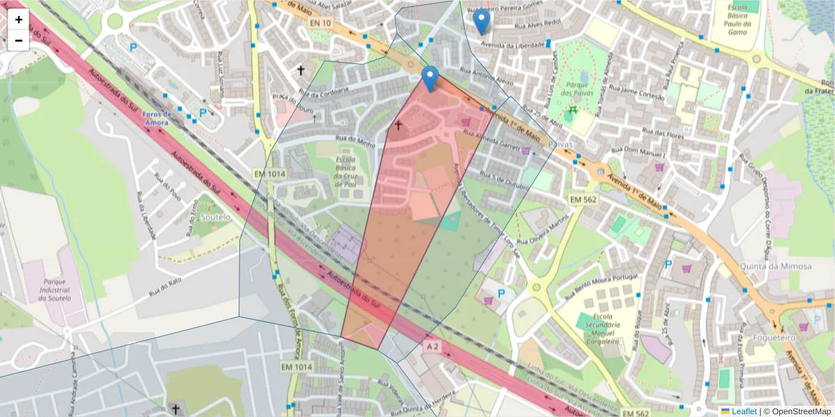 Mapa detalhado do código postal 2845-997 com limites, códigos postais vizinhos e agências dos correios