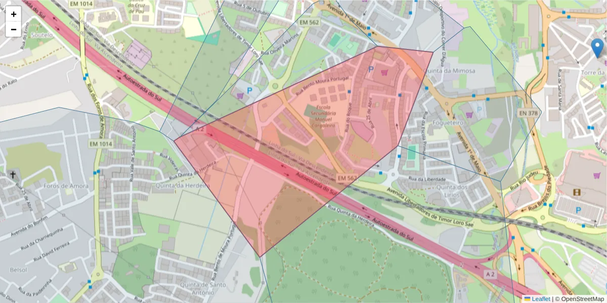 Mapa detalhado do código postal 2845 com limites, códigos postais vizinhos e agências dos correios
