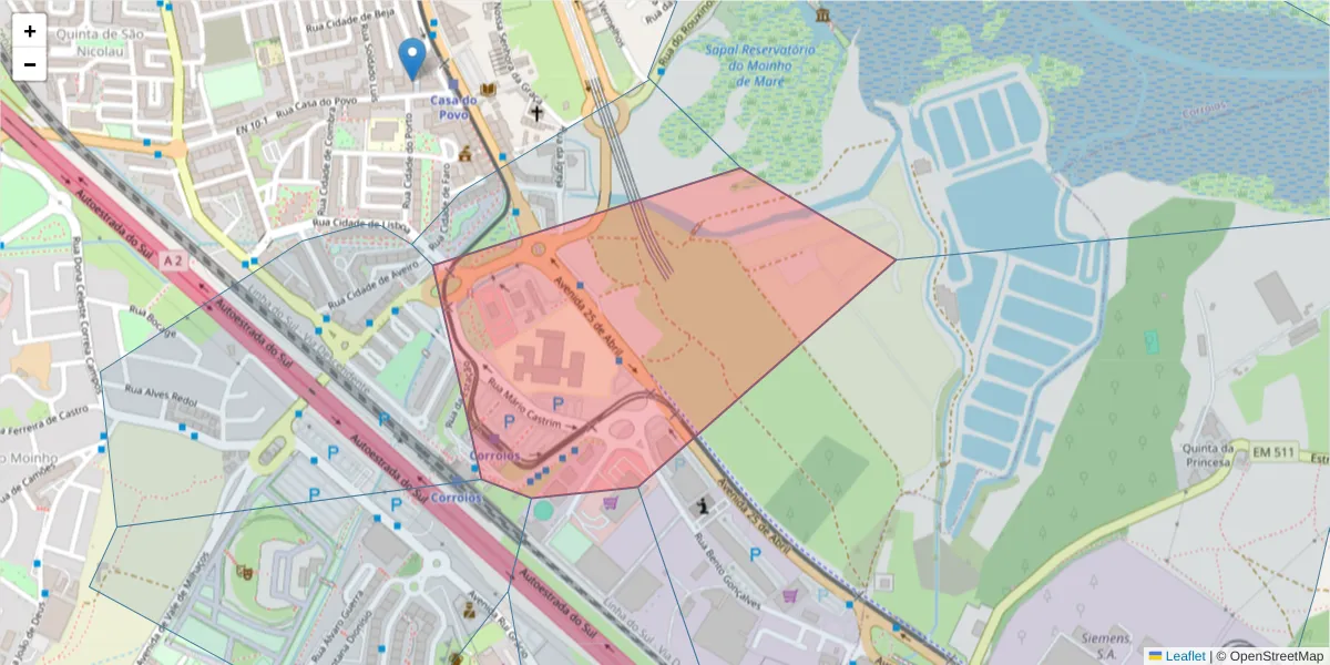 Mapa detalhado do código postal 2855-000 com limites, códigos postais vizinhos e agências dos correios