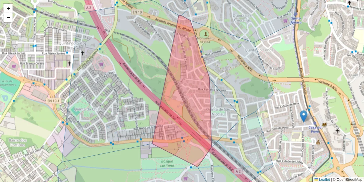 Mapa detalhado do código postal 2855-072 com limites, códigos postais vizinhos e agências dos correios