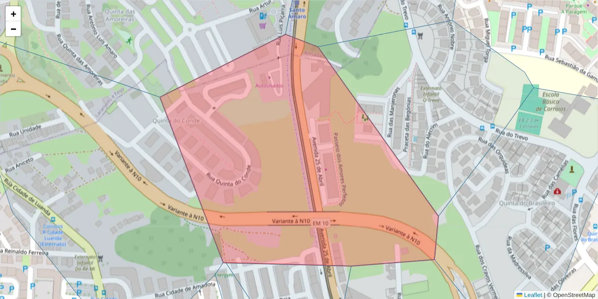 Mapa detalhado do código postal 2855-099 com limites, códigos postais vizinhos e agências dos correios