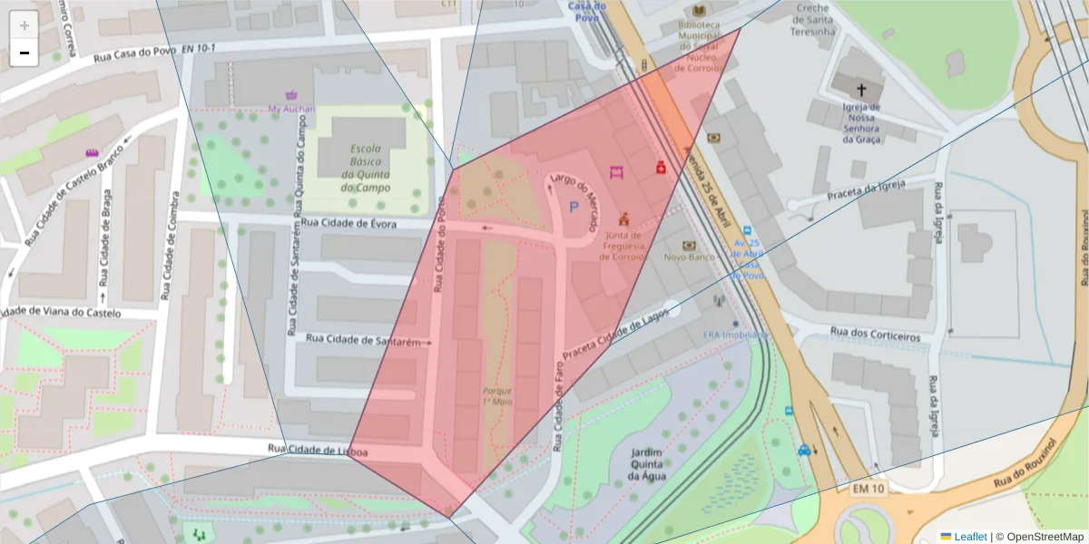 Mapa detalhado do código postal 2855-100 com limites, códigos postais vizinhos e agências dos correios