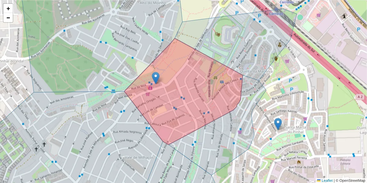 Mapa detalhado do código postal 2855-120 com limites, códigos postais vizinhos e agências dos correios