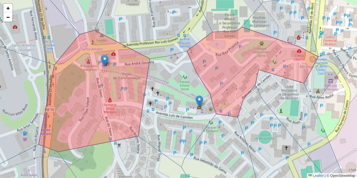 Mapa detalhado do código postal 2855-121 com limites, códigos postais vizinhos e agências dos correios