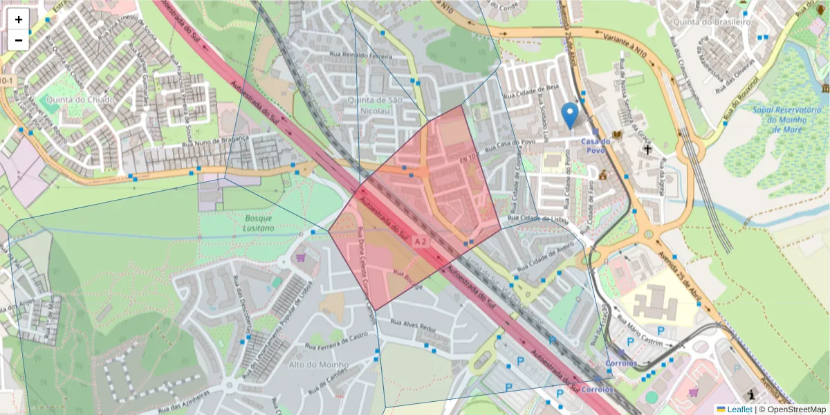 Mapa detalhado do código postal 2855-143 com limites, códigos postais vizinhos e agências dos correios