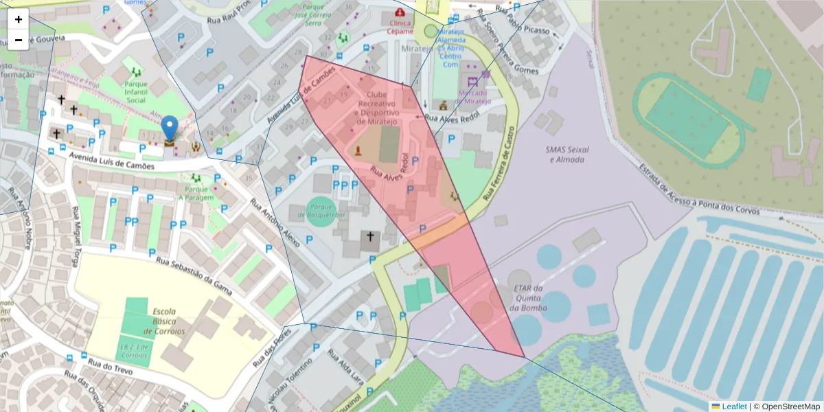 Mapa detalhado do código postal 2855-224 com limites, códigos postais vizinhos e agências dos correios