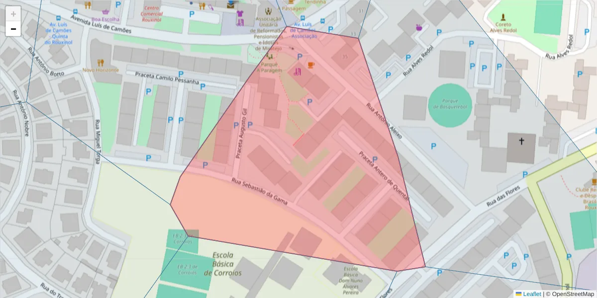 Mapa detalhado do código postal 2855-229 com limites, códigos postais vizinhos e agências dos correios