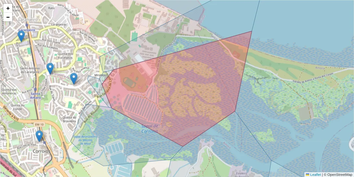 Mapa detalhado do código postal 2855-238 com limites, códigos postais vizinhos e agências dos correios
