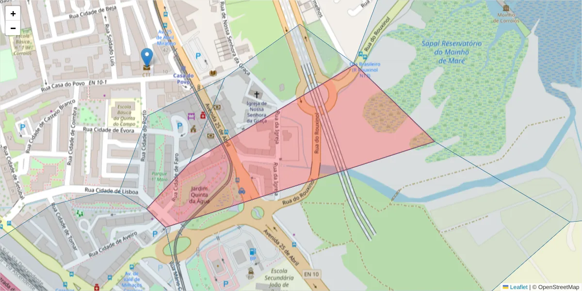 Mapa detalhado do código postal 2855-366 com limites, códigos postais vizinhos e agências dos correios