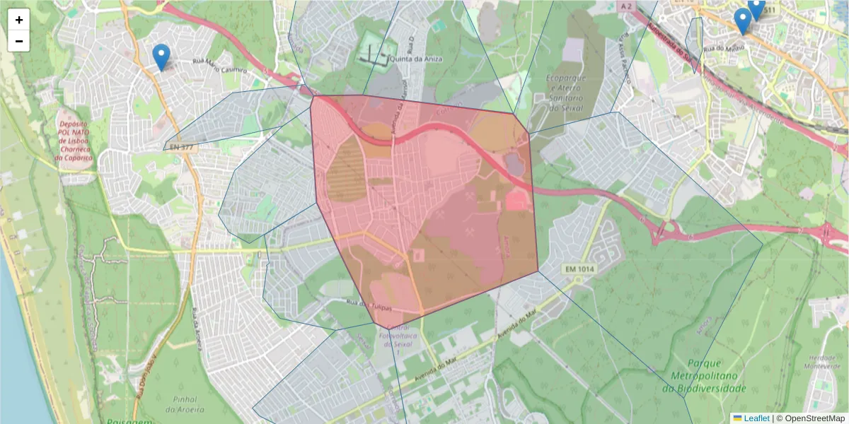 Mapa detalhado do código postal 2855-513 com limites, códigos postais vizinhos e agências dos correios