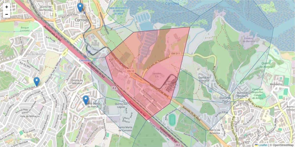 Mapa detalhado do código postal 2855-574 com limites, códigos postais vizinhos e agências dos correios