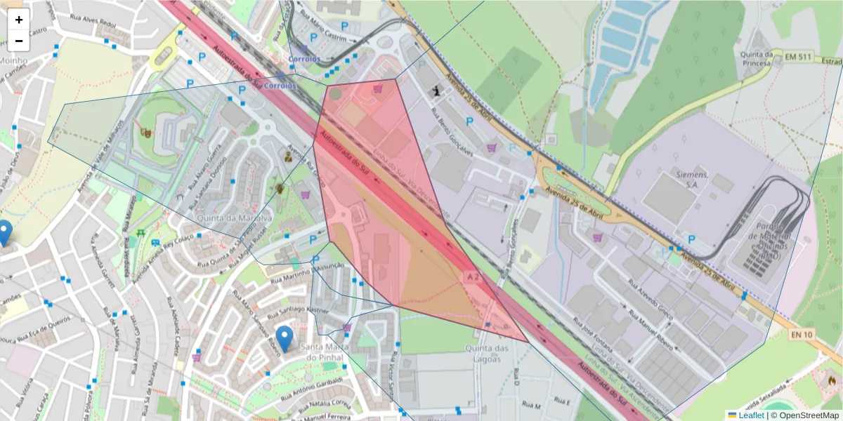 Mapa detalhado do código postal 2855-577 com limites, códigos postais vizinhos e agências dos correios