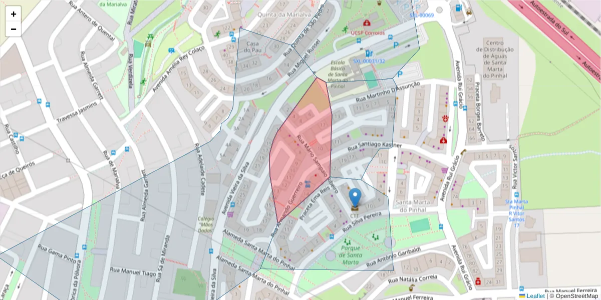 Mapa detalhado do código postal 2855-598 com limites, códigos postais vizinhos e agências dos correios