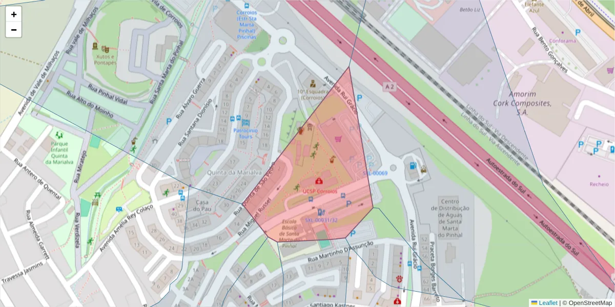 Mapa detalhado do código postal 2855-697 com limites, códigos postais vizinhos e agências dos correios