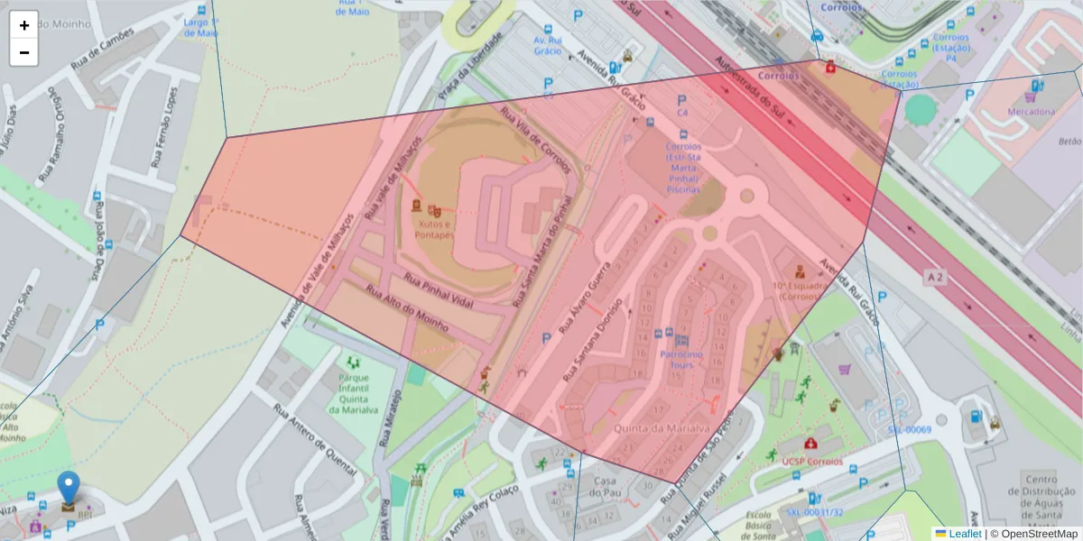 Mapa detalhado do código postal 2855-701 com limites, códigos postais vizinhos e agências dos correios