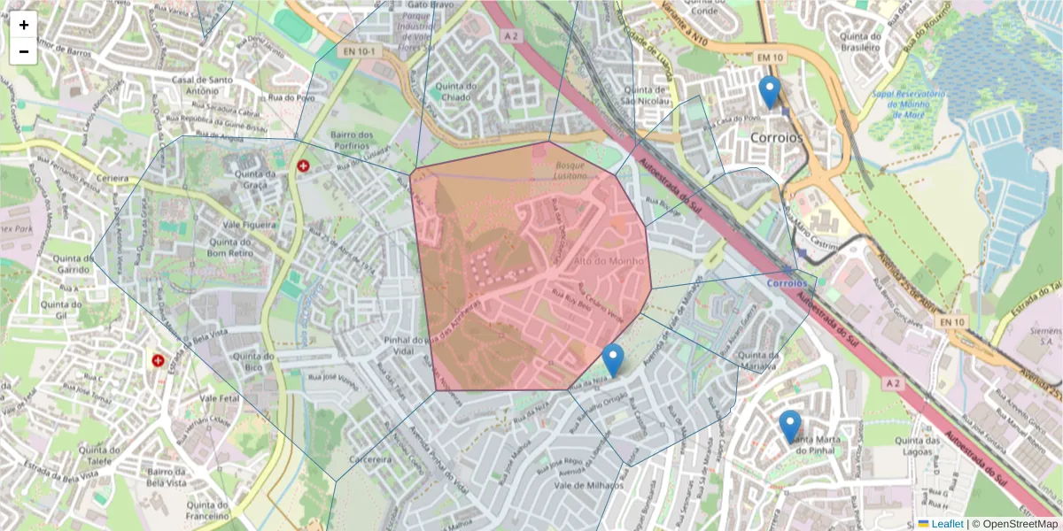 Mapa detalhado do código postal 2855-719 com limites, códigos postais vizinhos e agências dos correios