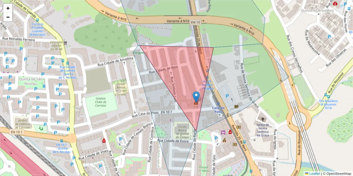 Mapa detalhado do código postal 2855-999 com limites, códigos postais vizinhos e agências dos correios