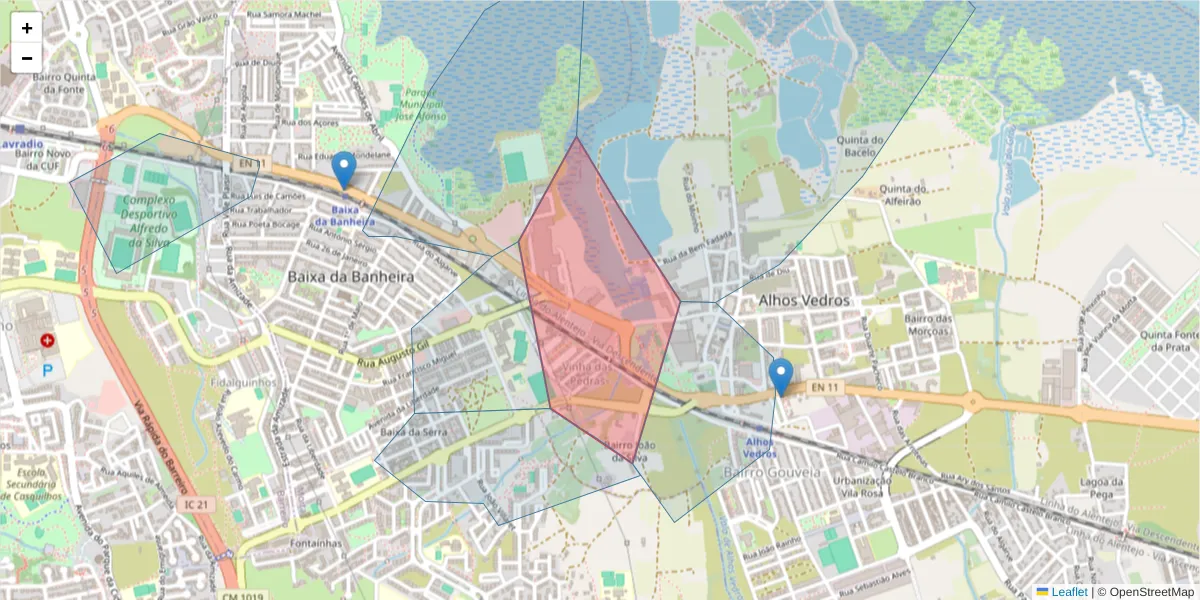 Mapa detalhado do código postal 2860-004 com limites, códigos postais vizinhos e agências dos correios