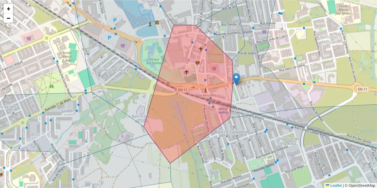 Mapa detalhado do código postal 2860-048 com limites, códigos postais vizinhos e agências dos correios