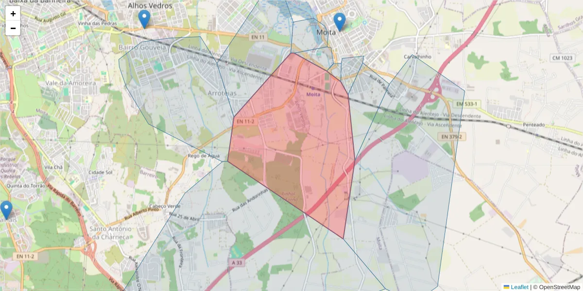 Mapa detalhado do código postal 2860-050 com limites, códigos postais vizinhos e agências dos correios