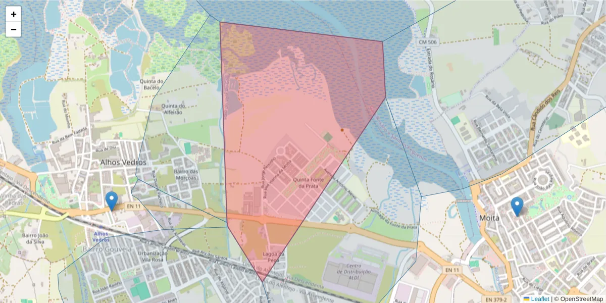 Mapa detalhado do código postal 2860-129 com limites, códigos postais vizinhos e agências dos correios