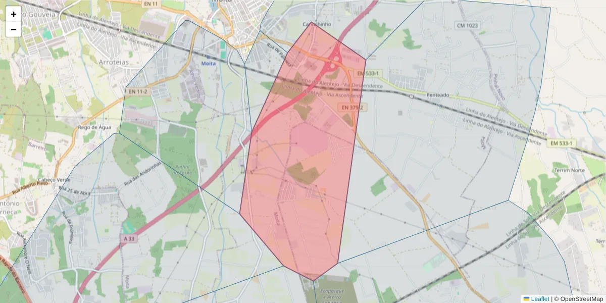 Mapa detalhado do código postal 2860-297 com limites, códigos postais vizinhos e agências dos correios