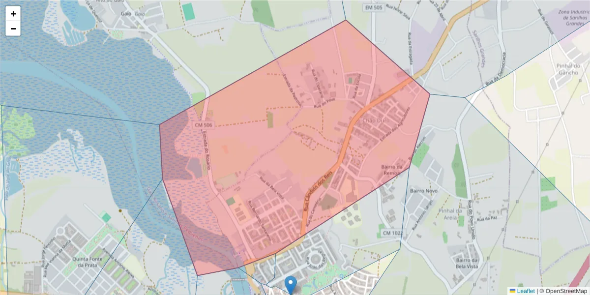 Mapa detalhado do código postal 2860-383 com limites, códigos postais vizinhos e agências dos correios