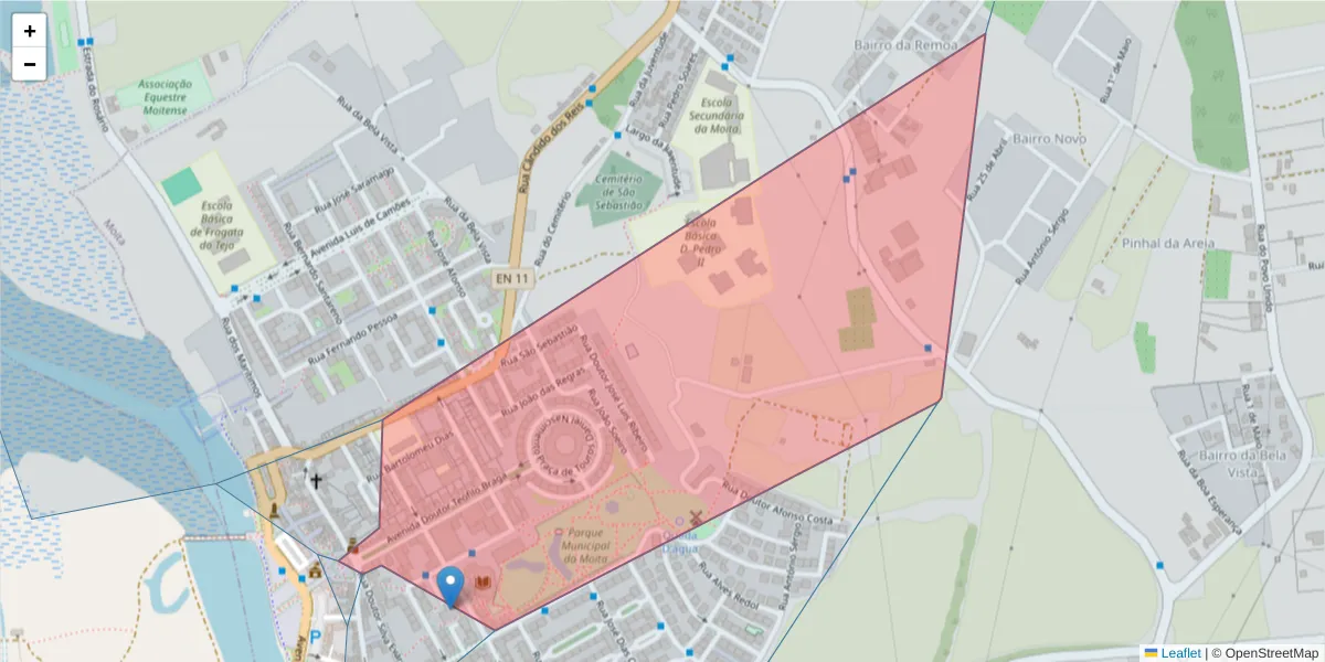 Mapa detalhado do código postal 2860-396 com limites, códigos postais vizinhos e agências dos correios